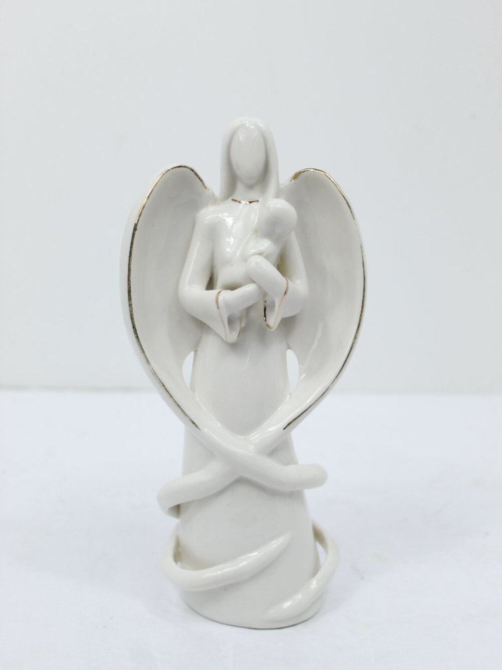 Porcelain Holiday Christmas Angel Holding Baby w/Gold Trim Figurine 8" X 3.75"